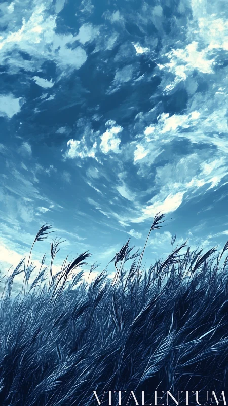 Windborne reeds beneath a swirling cathedral of sky.