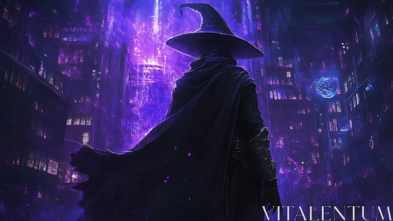 Midnight spellcaster wandering a glowing arcane library.