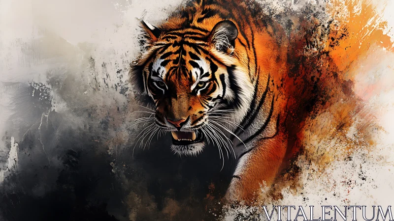 High-contrast tiger portrait with dynamic splatter brushwork and motion