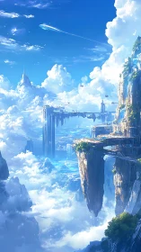 Futuristic sky city on cliffs amid dense clouds and blue sky.