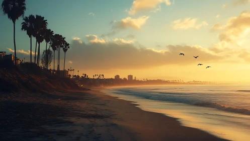Golden hour waves roll toward a tranquil palm-lined shore
