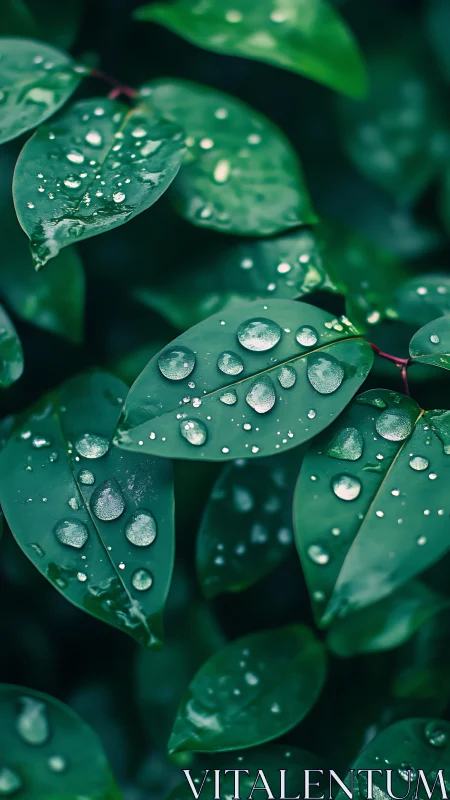 Close-up view of green leaves with scattered raindrops.