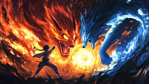 Elemental anime warrior vs twin fire and ice beasts.
