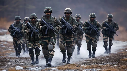Infantry squad conducting armed patrol on rugged terrain.