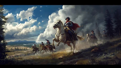 Mounted officers leading cavalry charge across plain.