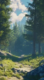 Mountain valley forest with layered tree canopy and distant peak.