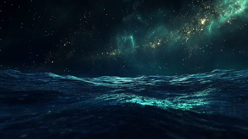 Digital painting seascape with galactic night sky horizon line.