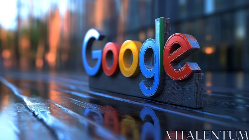 Sleek 3D Google logo glowing on wet reflective pavement.
