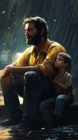 Weathered father and child in rain, cinematic rim lighting.