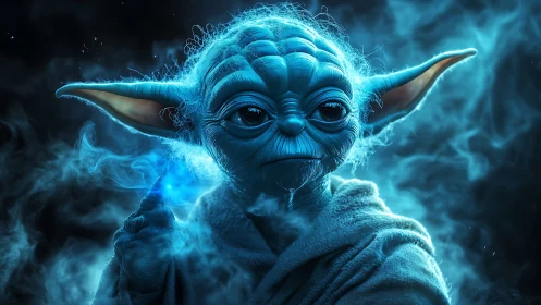 Blue-lit alien sage holds glowing energy in swirling mist