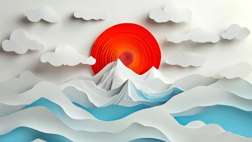 Layered paper mountains with red sun and stylized clouds