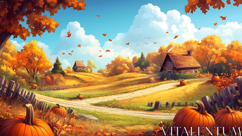 Pumpkins preside over a golden autumn crossroads of farm cottages