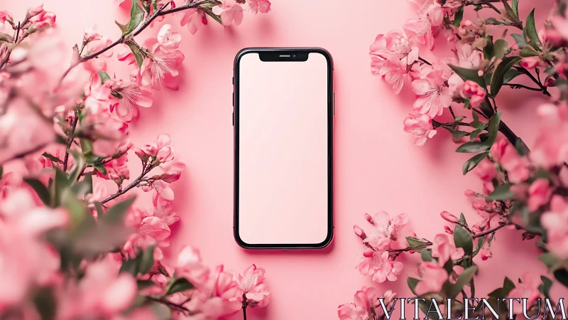 Smartphone Blooming: Digital Device Nestled Among Spring's Pink Petals