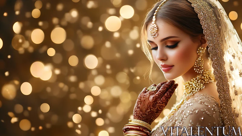 Bridal elegance with golden bokeh and intricate mehndi glow.