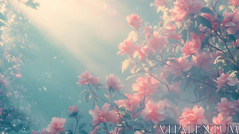 Soft morning light over pastel pink flowering branches.