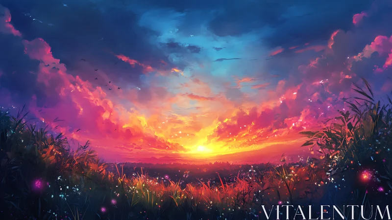 Digital landscape of sunset sky over meadow horizon.