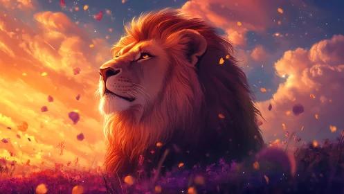 Majestic lion portrait in sunset field with drifting petals