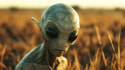 Alien wanderer stands alone in golden sunset wheat field