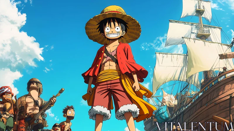 Straw hat pirate captain stands before towering ship and crew.
