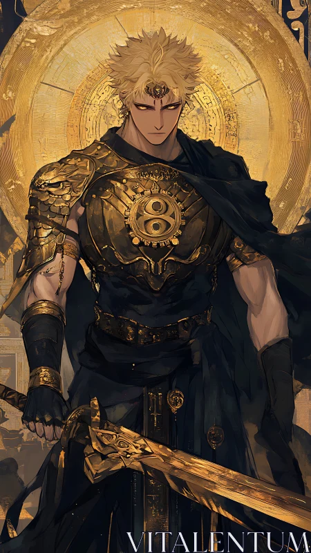 Golden armored warrior before circular radiant emblem.