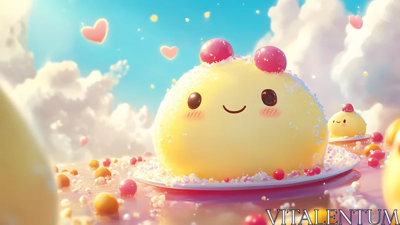 Whimsical Spherical Character with Magenta Antennae in Dreamlike Sky Environment