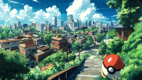 Sunlit anime hillside town overlooking modern skyline panorama.