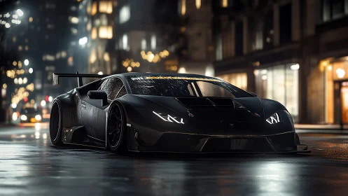 Midnight supercar glides through a glowing city street scene