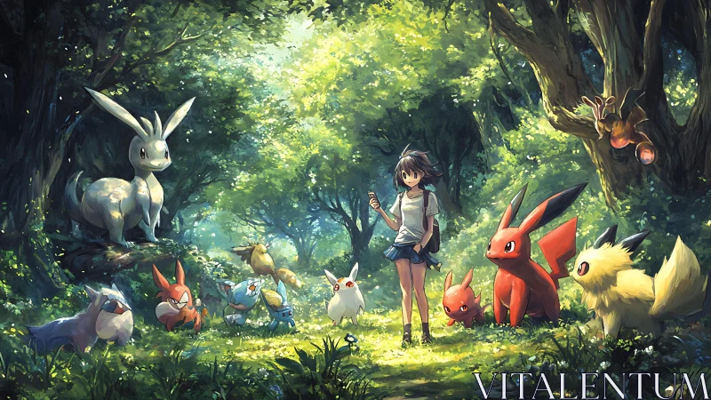 Trainer with elemental creatures in sunlit anime forest clearing