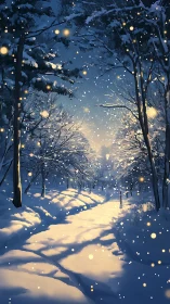 Snow covered forest path under evening sky with lights.