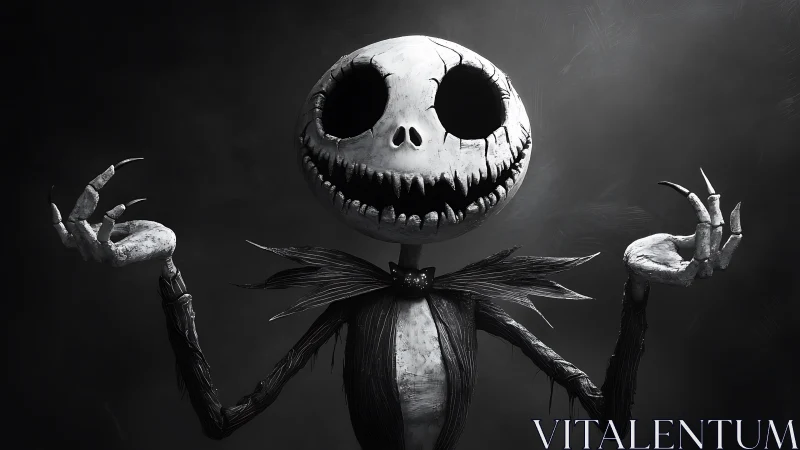 Monochrome skeletal figure rendered in dramatic chiaroscuro lighting