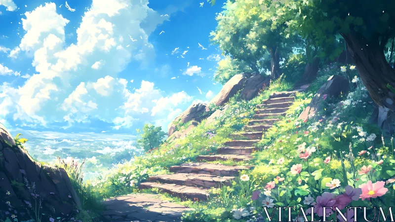 Sunlit garden steps leading toward a peaceful sky path.