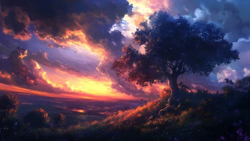 Sunset sky illuminates lone tree on sloping hillside