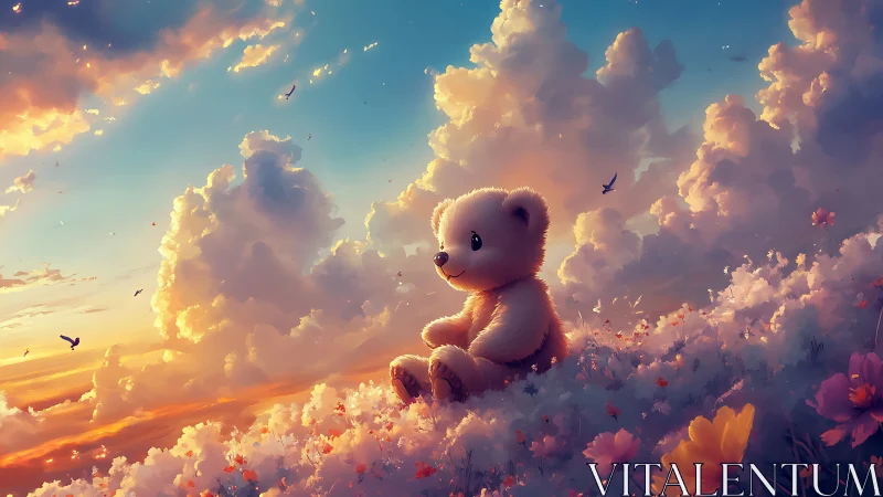 Dreamy teddy bear rests amid glowing sunset clouds.