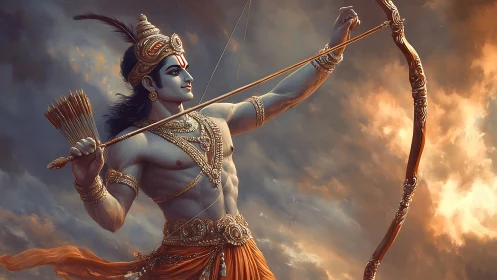 Skybound warrior archer poised in molten sunset radiance.