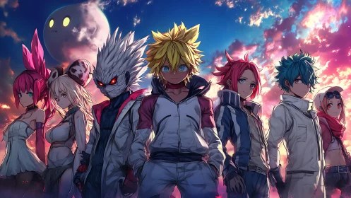 Heroic anime ensemble under chromatic sunset sky lighting analysis