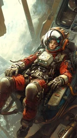 Young starfarer drifts in rusted cockpit between failing suns