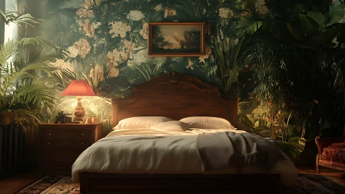 Photoreal botanical bedroom with carved wood centerpiece.