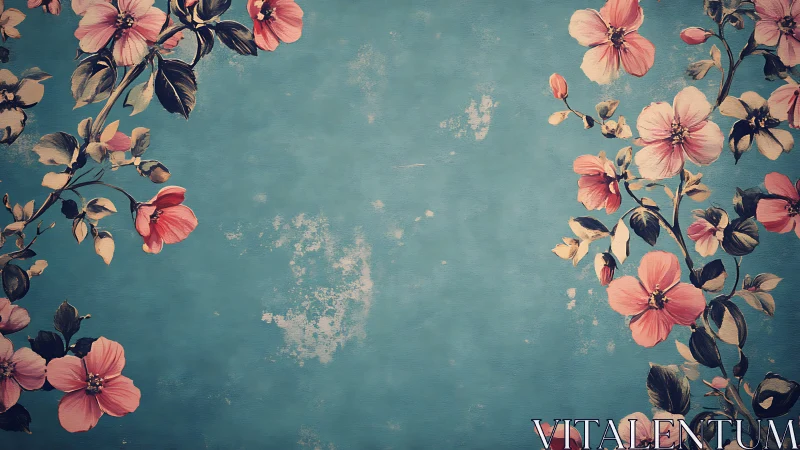 Vintage floral vignette on distressed teal canvas background.