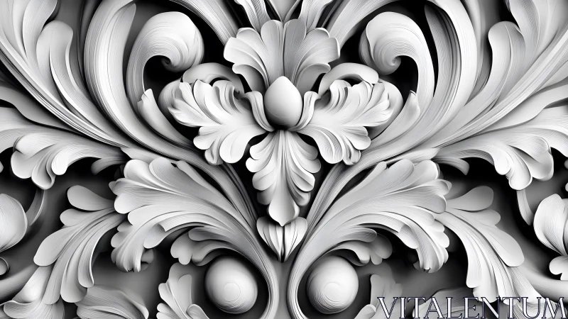 Ornate Baroque Floral Relief in Black and White Digital Art Style.