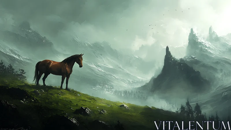 Digital painting of solitary horse on misted alpine ridge.