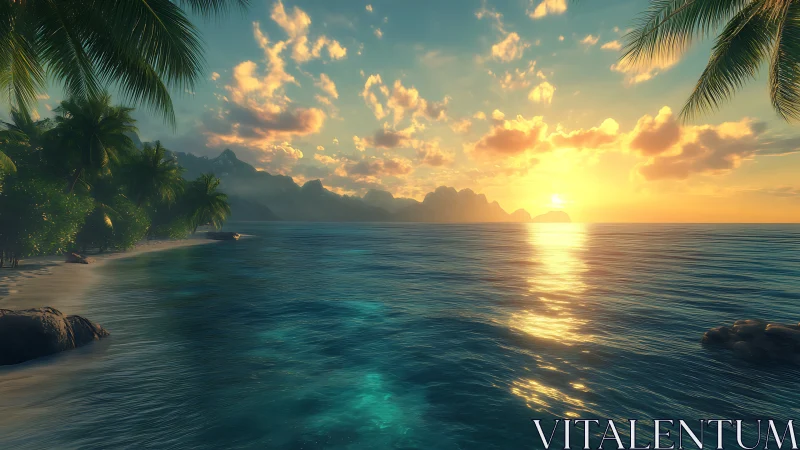 Golden tropical sunset ignites tranquil palm-lined lagoon.