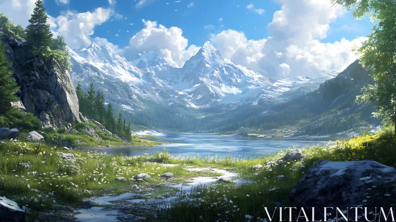 Digital painting of alpine lake with receding mountain vista.