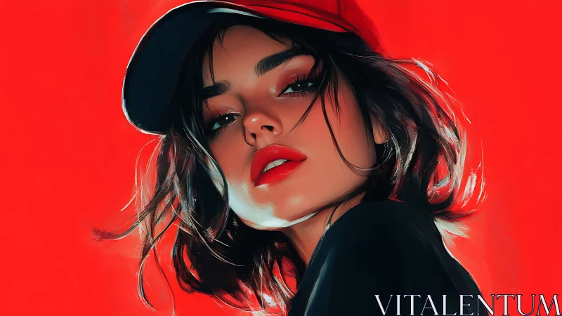 Bold digital portrait of woman in red cap on red backdrop.