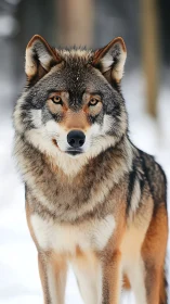 Frontal portrait of winter wolf with sharp coat detail in snow