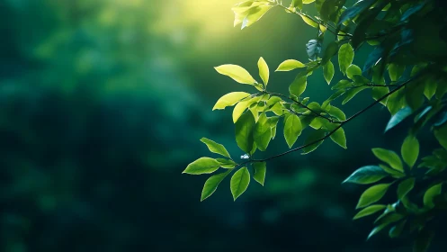 Sunlit green leaves on branch with soft bokeh background, nature style.
