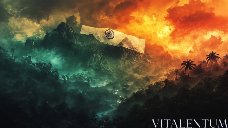 Tricolor mist over Indian mountains with monumental flagscape