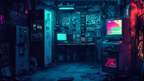 Neon soaked hacker den glows with retro cyberpunk mystery