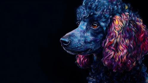 Colorful poodle portrait glowing softly against dark night.
