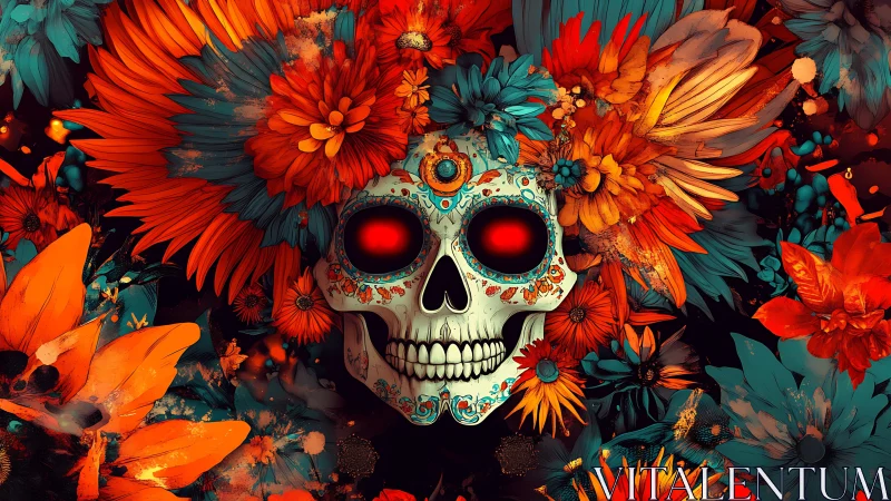 Radiant sugar skull crowned with wild, blazing blossoms.