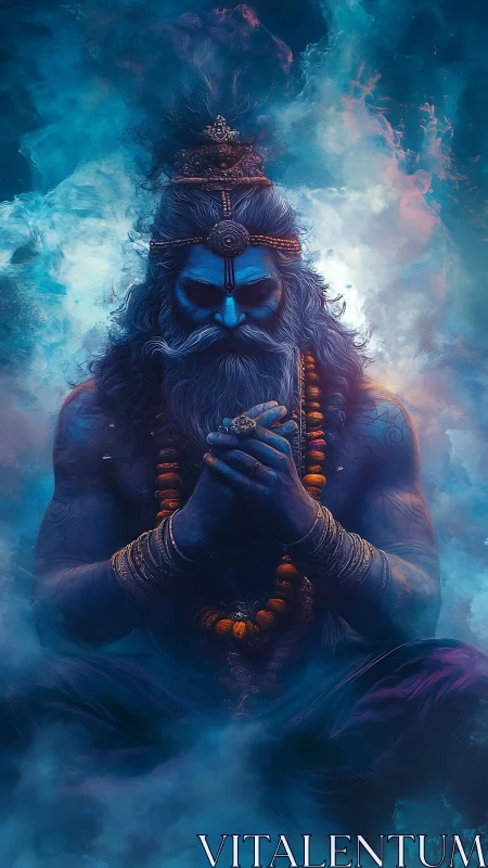Mystical blue ascetic in meditative posture amid ethereal smoke